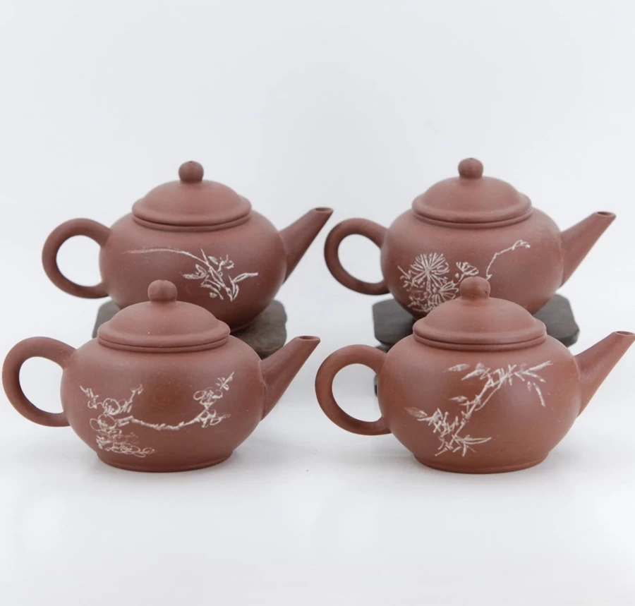"Vintage 1980s Yixing Zini Teapot Set of 4 - Plum, Orchid, Bamboo, Chrysanthemum (Mei Lan Zhu Ju) by The Chinese Tea Shop"