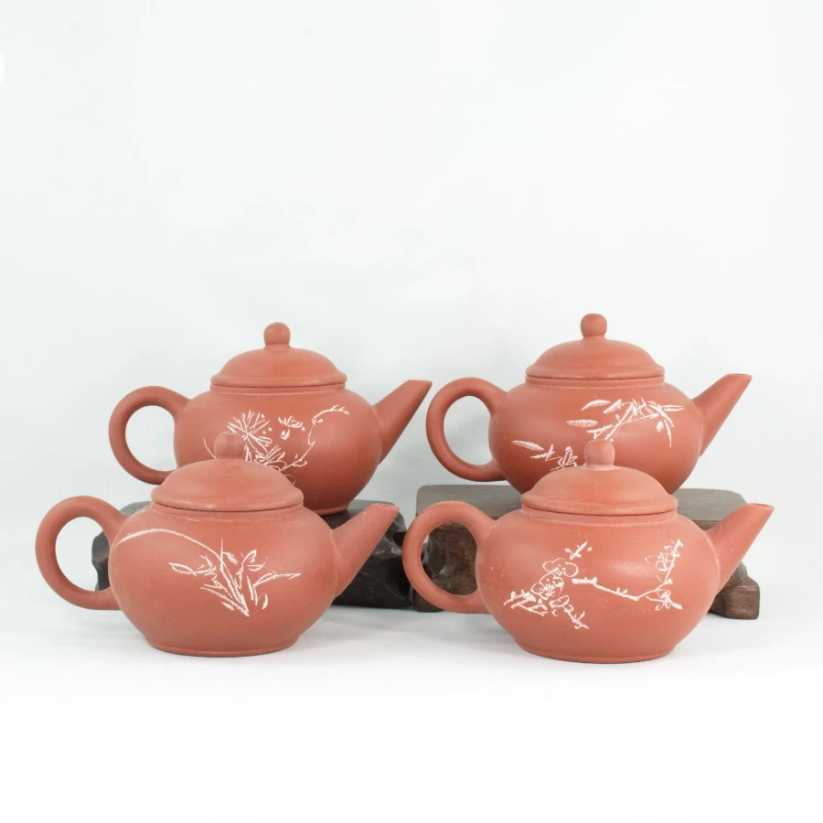 1980s Yixing Hongni Clay Four Seasons Teapot Set - Plum, Orchid, Bamboo, Chrysanthemum by The Chinese Tea Shop