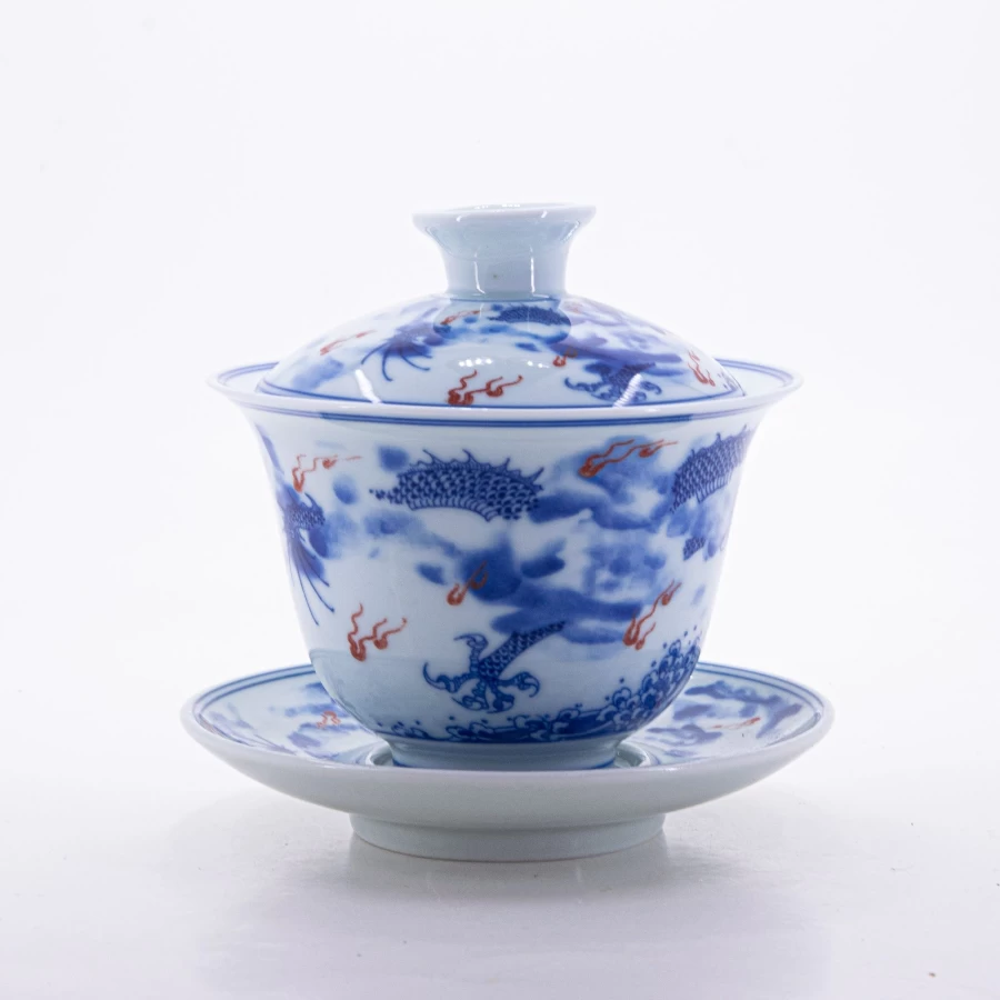 "The Chinese Tea Shop Blue and White Porcelain Gaiwan with Dragon Design – Handcrafted Underglaze Red Tea Cup #4A"