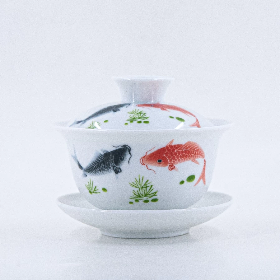 "The Chinese Tea Shop Porcelain Happy Fishes Gaiwan #4 – Handcrafted Chinese Teapot for Loose Leaf Tea"