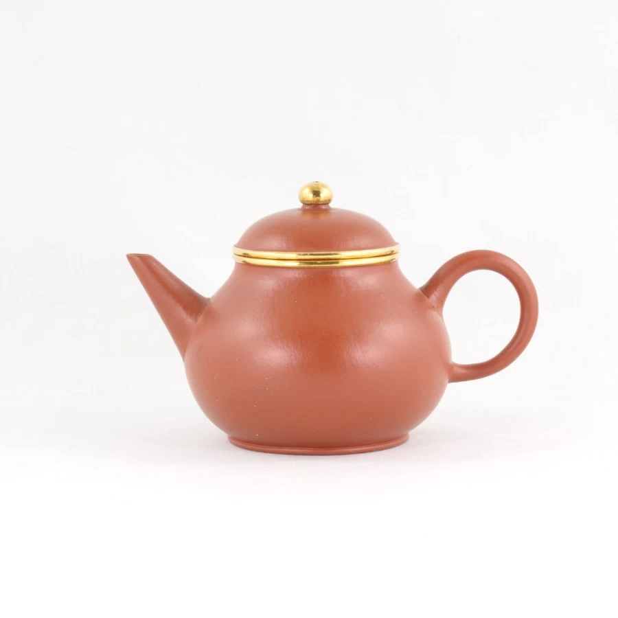 "The Chinese Tea Shop Yixing Zhuni Clay Antique Gold-Mounted Pear-Shaped Teapot for Gongfu Tea"