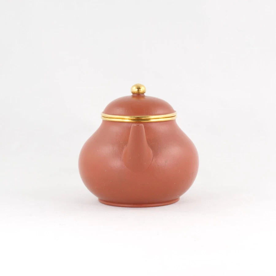 "The Chinese Tea Shop Yixing Zhuni Clay Antique Gold-Mounted Pear-Shaped Teapot for Gongfu Tea"
