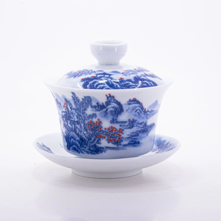 "The Chinese Tea Shop Blue and White Porcelain Gaiwan with Landscape Design – Handcrafted Underglaze Red Tea Cup #11"