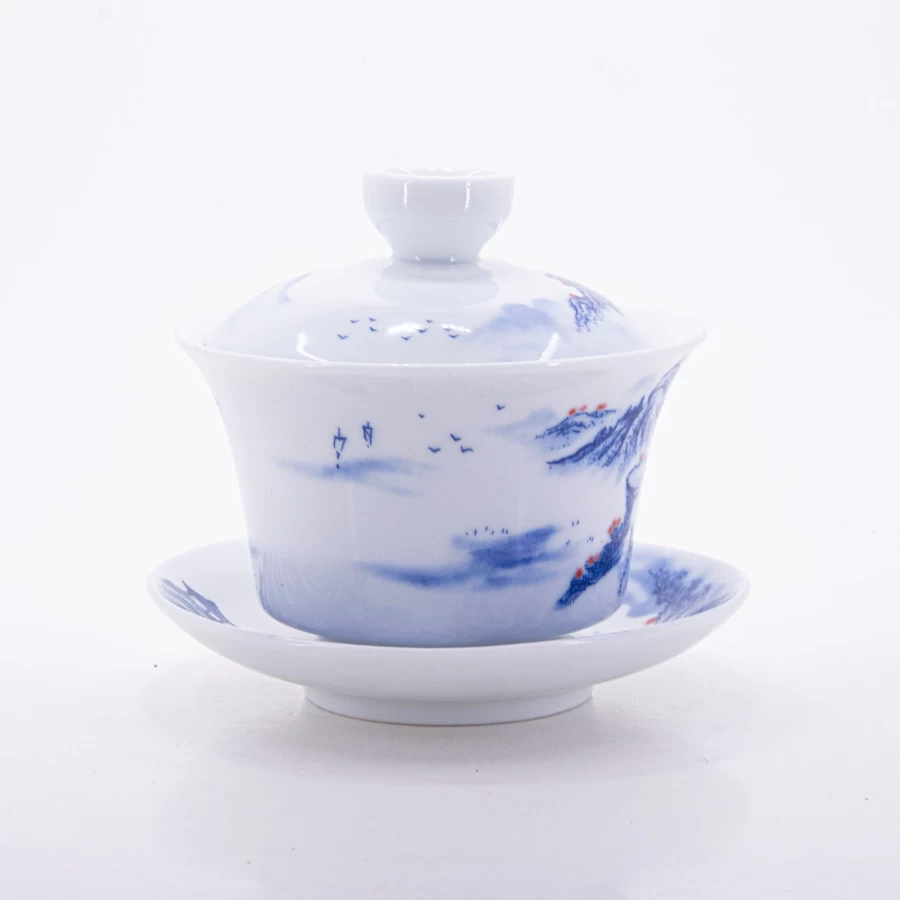 "The Chinese Tea Shop Blue and White Porcelain Gaiwan with Landscape Design – Handcrafted Underglaze Red Tea Cup #11"