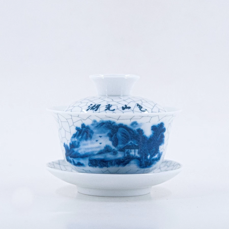 "Blue and White Crackle Porcelain Gaiwan - Lakes & Mountains Design by The Chinese Tea Shop"