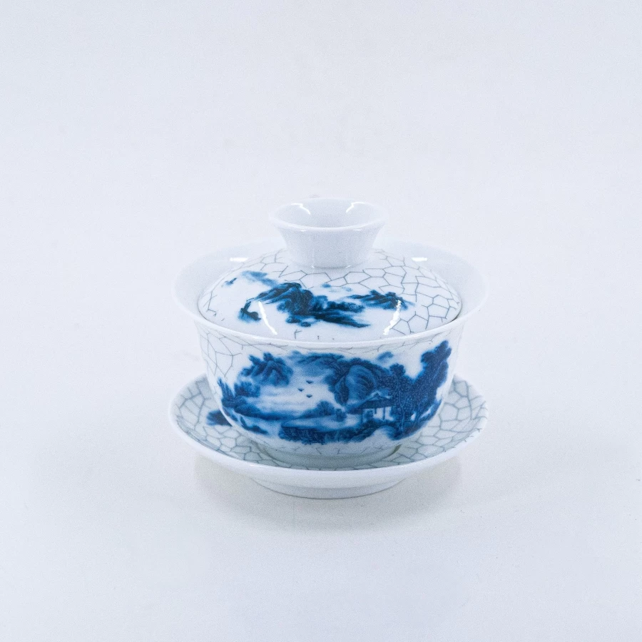 "Blue and White Crackle Porcelain Gaiwan - Lakes & Mountains Design by The Chinese Tea Shop"