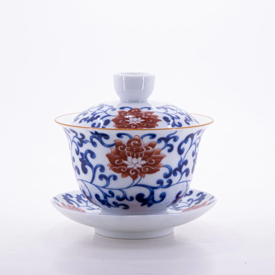 "Blue and White Porcelain Gaiwan with Red Flower Design - The Chinese Tea Shop"