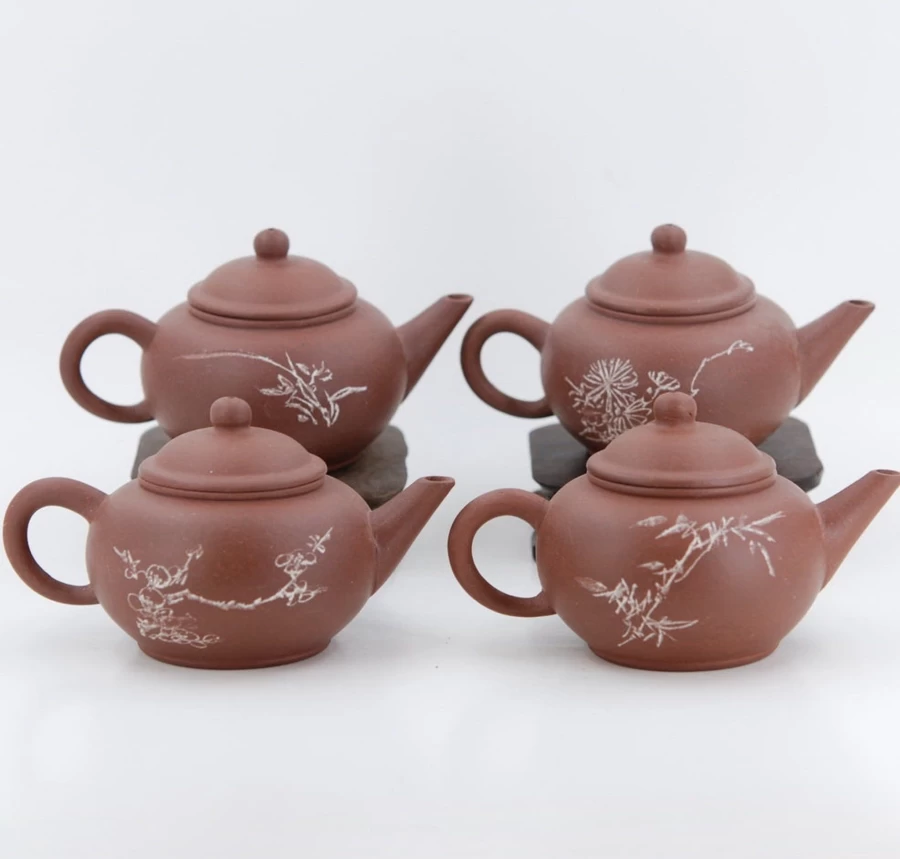 "Vintage 1980s Yixing Zini Clay Teapot Set of 4 - Mei Lan Zhu Ju (Plum Orchid Bamboo Chrysanthemum) by The Chinese Tea Shop"