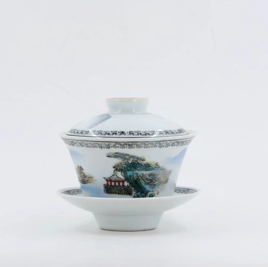 "1970s Famille Rose Porcelain Hand-Painted Landscape Gaiwan by The Chinese Tea Shop | Antique Chinese Teacup"