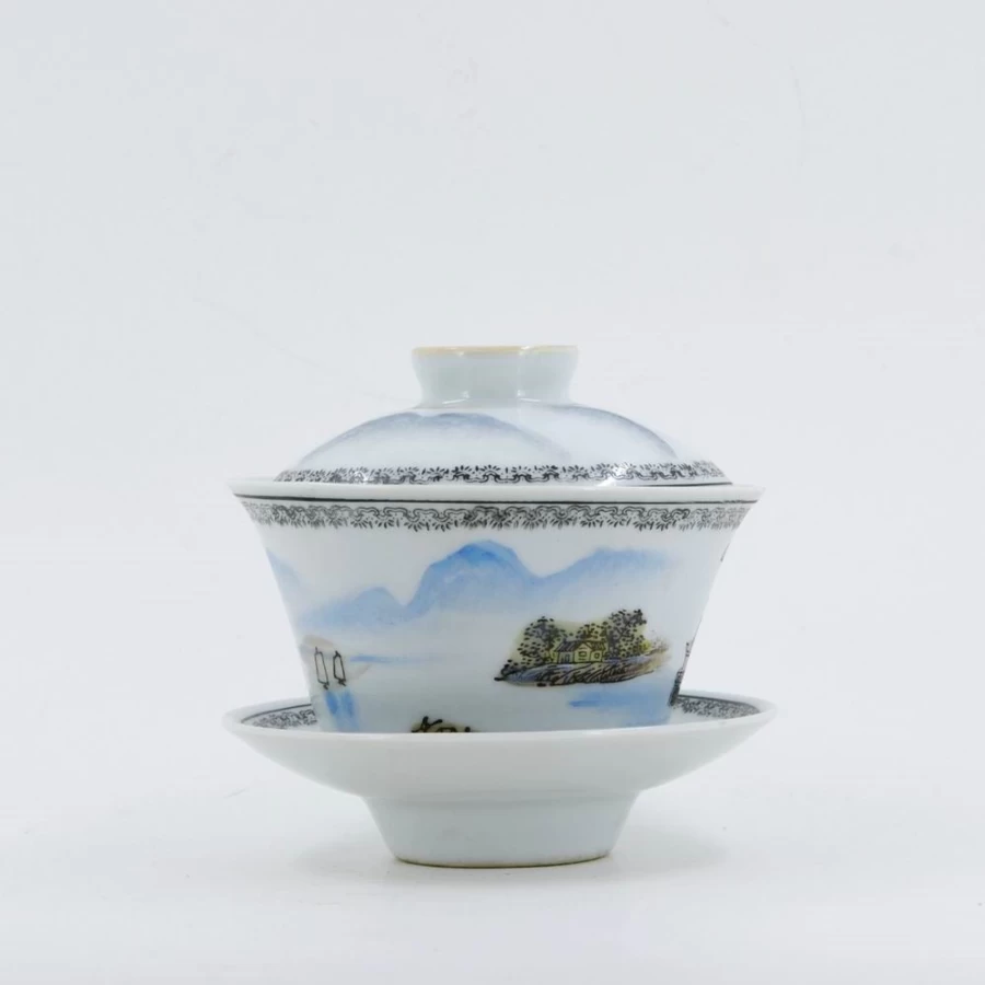 "1970s Famille Rose Porcelain Hand-Painted Landscape Gaiwan by The Chinese Tea Shop | Antique Chinese Teacup"