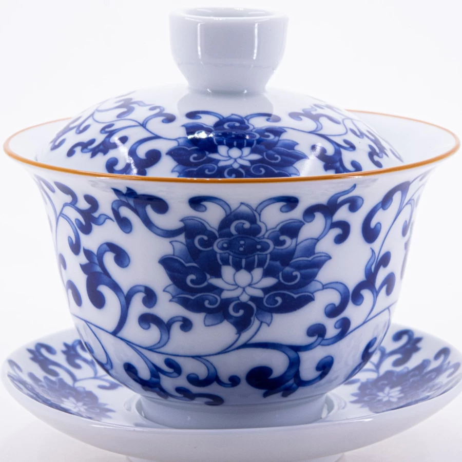"Brown and Blue Porcelain Gaiwan with Gold Rim - Chan Zhi Lian Design - The Chinese Tea Shop"